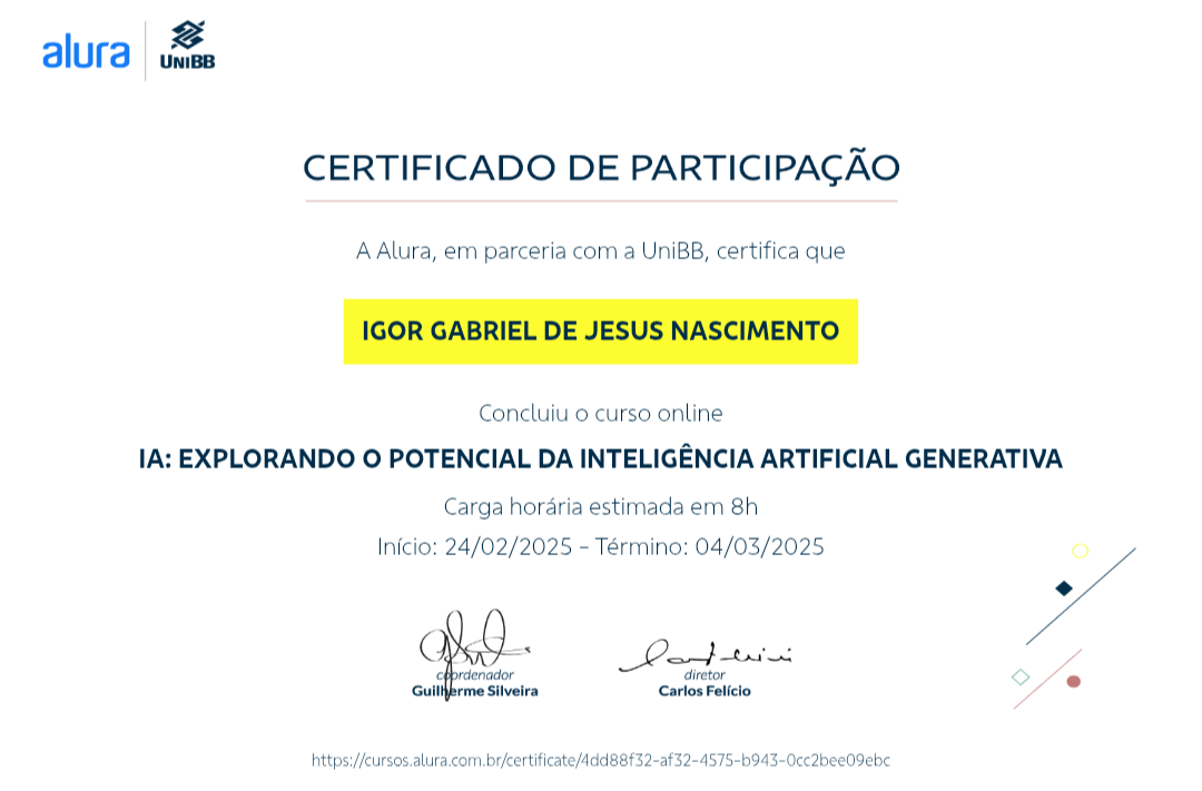 Certificado do Curso Explorando o potencial da inteligência artificial, da Alura.
