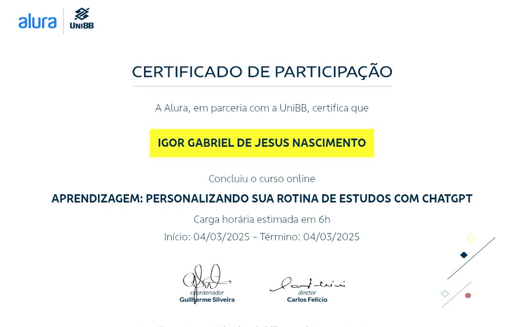 Certificado do Curso Personalizando sua rotina de estudos com ChatGPT, da Alura.