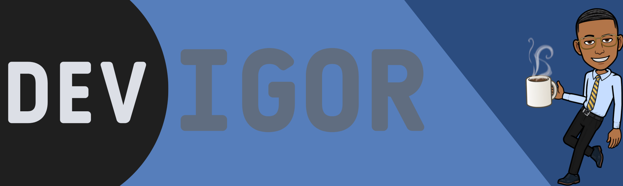Capa do site com o nome I DEV e um personagem tomando café